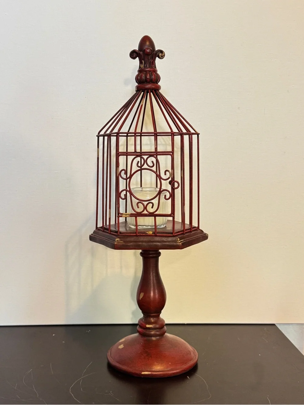 Decorative Red Birdcage Candle Holder on Pedestal
